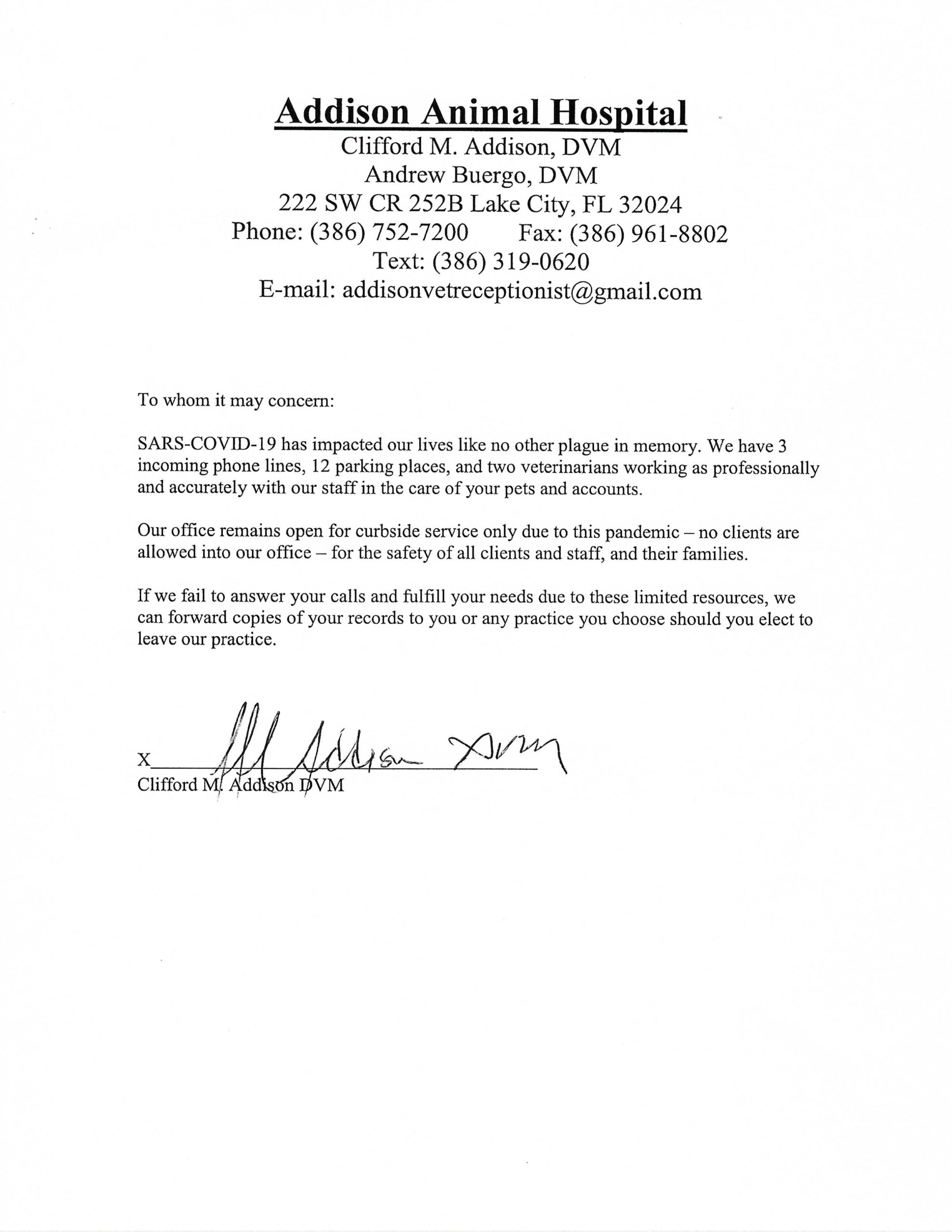 Covid Letter Addison Animal Hospital Lake City Florida